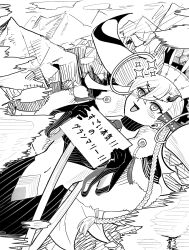 Rule 34 | 1girl, blush stickers, braid, clothing cutout, commentary, commentary request, crossed bangs, crotch plate, e-grand marie, fate/grand order, fate (series), gloves, greyscale, hair between eyes, hair ribbon, hat, highres, holding, horns, jewelry, leotard, lying, monochrome, mor (morfowfow), mountain, navel, necktie, olga marie animusphere, open mouth, ribbon, ring, single horn, smile, solo, stomach, stomach cutout, symbol-only commentary, translation request, u-olga marie