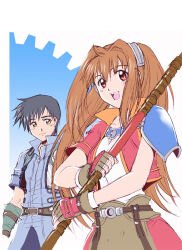 Rule 34 | 1boy, 1girl, ahoge, antenna hair, armor, black hair, blue background, brown gloves, brown hair, closed mouth, cropped jacket, double-parted bangs, eiyuu densetsu, estelle bright, fingerless gloves, floating hair, gloves, hair between eyes, hair intakes, high collar, holding, holding staff, holding weapon, joshua bright, long hair, open mouth, pauldrons, red eyes, short hair, short sleeves, shoulder armor, simple background, single pauldron, smile, sora no kiseki, staff, two-tone background, weapon, white background, xiacheng tatsuya, yellow eyes