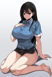 1girl bandaid bandaid_on_knee bandaid_on_leg barefoot beautiful_gunbari black_eyes black_shorts blue_shirt breasts full_body hand_up impossible_clothes kim_sei large_breasts long_hair marheit shirt short_shorts short_sleeves shorts simple_background sitting solo very_long_hair