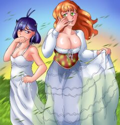 2girls black_clover black_hair breasts elverguillash24 green_eyes horns large_breasts long_hair mimosa_vermillion multiple_girls orange_hair red_eyes secre_swallowtail short_hair small_breasts smile