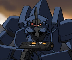 armored_core gun handgun holding holding_weapon jazz_jack john_wick mecha mecha_focus no_humans red_eyes robot secret_level_(series) shrieker_(armored_core) solo weapon