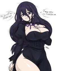 Rule 34 | 1girl, bags under eyes, black shrug, breasts, cleavage, cleavage cutout, closed mouth, clothing cutout, commentary, corset, earrings, english commentary, english text, eyelashes, graphicthereal, hair between eyes, heart, hex maniac (pokemon), hex maniac (pokemon legends: z-a), jewelry, large breasts, nintendo, pokemon, pokemon legends: z-a, purple eyes, purple pupils, shrug (clothing), signature, simple background, smile, solo, speech bubble, standing, thighs, white background