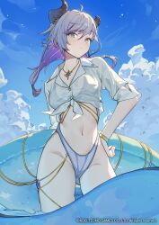 1girl absurdres ahoge atelier_(series) atelier_resleriana bikini blue_eyes blue_sky bracelet breasts broken_horn cloud copyright_notice cowboy_shot cropped_shirt day demon_horns hair_between_eyes hand_on_own_hip highleg highleg_bikini highres horns jewelry long_hair looking_at_viewer multicolored_hair navel necklace ningen_mame ocean official_alternate_costume official_art outdoors purple_hair see-through_clothes see-through_shirt shirt sky solo standing swimsuit tied_shirt two-tone_hair valeria_(atelier) valeria_(radiant_summer)_(atelier) wading water white_bikini white_shirt