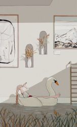 1girl amiyakinyu bad_id bad_tumblr_id barefoot bird braid braided_ponytail brown_hair female_focus flat_chest grass highres ladder long_hair mountain original painting_(object) plant potted_plant profile red_shorts shadow shirt shorts sleeveless solo swan telescope water white_shirt wide_shot