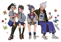 2boys 2girls applin black_hair black_pantyhose black_socks blue_socks braid brown_eyes brown_shoes collared_shirt denoia drayton_(pokemon) freckles gen_8_pokemon gloves green_hair grey_shirt hair_ornament hat highres holding holding_poke_ball invisible_chair jacket juliana_(pokemon) kieran_(pokemon) master_ball mole mole_on_neck multicolored_hair multiple_boys multiple_girls necktie nemona_(pokemon) nintendo off_shoulder open_clothes open_jacket pantyhose paper paw_print pawmi poke_ball poke_ball_(basic) pokemon pokemon_sv purple_hair red_tank_top school_uniform shirt shoes shorts single_glove sitting socks sprigatito tank_top ultra_ball unworn_hat unworn_headwear uva_academy_school_uniform white_hair white_shoes yellow_eyes