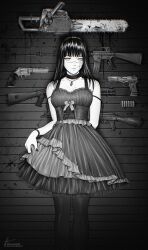 1girl absurdres ak-47 akm arms_behind_back assault_rifle benelli_m4_super_90 black_choker black_dress black_hair black_nails blood bloody_weapon bracelet chainsaw chainsaw_man choker cross-laced_clothes cross-laced_dress cross_scar dress explosive facial_scar frilled_dress frills grenade greyscale gun handgun highres instagram_username jewelry kalashnikov_rifle long_hair looking_at_viewer m16 m16a2 marvin_(omarvin) monochrome revolver ribbon rifle ringed_eyes scar scar_on_cheek scar_on_face shotgun solo twitter_username weapon weapon_on_wall yoru_(chainsaw_man)