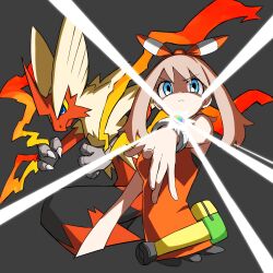 1girl bag blaziken blue_eyes bracelet breasts brown_hair claws creatures_(company) cropped_legs fanny_pack fire game_freak gen_3_pokemon hair_between_eyes hairband highres jewelry looking_at_viewer may_(pokemon) mega_blaziken mega_pokemon mega_stone nintendo pokemon pokemon_(creature) pokemon_oras red_shirt shirt simple_background sleeveless sleeveless_shirt small_breasts yachima_tana