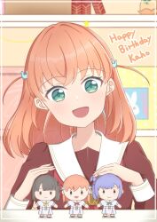 1girl 3: :d aqua_eyes aqua_neckerchief black_hair blue_eyes blunt_bangs blunt_ends bob_cut brown_dress cerise_bouquet character_doll character_name closed_mouth commentary_request dress english_text flower green_eyes hair_bun hair_flower hair_ornament happy_birthday hasu_no_sora_school_uniform highres hinoshita_kaho indoors link!_like!_love_live! long_sleeves love_live! medium_dress medium_hair momose_ginko neckerchief open_mouth orange_hair otomune_kozue pleated_dress puffy_short_sleeves puffy_sleeves purple_hair rabbit_hair_ornament red_flower red_neckerchief riayaya sailor_collar sailor_dress school_uniform short_hair short_sleeves side_ponytail single_hair_bun smile solo summer_uniform tassel tassel_hair_ornament two_side_up upper_body virtual_youtuber white_dress white_sailor_collar winter_uniform yellow_neckerchief