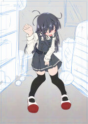 1girl asashio_(kancolle) belt between_legs black_belt black_dress black_hair black_thighhighs blush buttons closed_eyes collared_shirt commentary_request dress embarrassed flat_chest full_body hand_between_legs hand_up have_to_pee highres indoors kantai_collection long_hair long_sleeves narumiya_(narumiya) nose_blush open_mouth pinafore_dress shirt shoes sidelocks sleeveless sleeveless_dress solo standing thighhighs uwabaki white_shirt