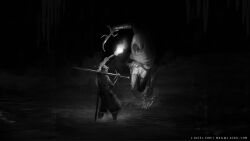 1girl 1other artist_name assassin black_knife_assassin bloody_wolf_(elden_ring) cape commentary dagger elden_ring email_address english_commentary fire fog gauntlets greyscale helmet highres holding holding_dagger holding_knife holding_sword holding_torch holding_weapon hood hood_up hooded_cape invisible knife l_aciel monochrome sheath splashing sword tarnished_(elden_ring) torch water weapon