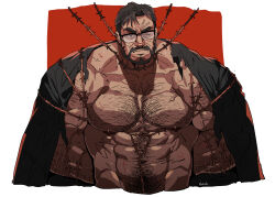1boy arm_hair arms_behind_back bara barbed_wire beard bound bound_torso chest_hair commentary_request cropped_torso exorcism_chronicles facial_hair glasses large_pectorals male_focus muscular muscular_male navel nipples one_eye_closed park_woon-gyu pectorals rybiok short_hair simple_background solo torn_clothes veins