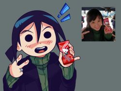 ! 1girl black_eyes black_hair candy reference_sheet coat food green_sweater grey_background hair_between_eyes highres jewelry knives_chau laduxt light_blush notice_lines open_mouth ponytail ring scott_pilgrim_(series) scott_pilgrim_takes_off short_hair short_ponytail sidelocks sweater teeth upper_body upper_teeth_only v