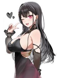 1girl ;d arm_strap bare_shoulders black_collar black_dress black_hair black_nails breasts cleavage collar detached_sleeves dress ear_chain ear_piercing earrings from_side gold gradient_clothes gradient_dress grey_hair hair_between_eyes heart highres index_finger_raised jewelry kuroha_arya lace-trimmed_collar lace_trim large_breasts linked_piercing long_hair long_sleeves looking_at_viewer multicolored_nails nail_art one_eye_closed open_mouth piercing pink_eyes pink_nails purple_dress purple_nails qckvolley see-through_cleavage see-through_clothes see-through_dress see-through_dress_layer see-through_sleeves sideboob sideless_dress simple_background smile solo spaghetti_strap virtual_youtuber vspo! vspo!_en white_background