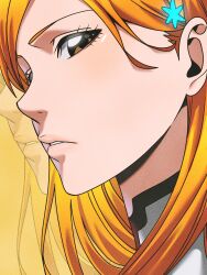 Rule 34 | 1girl, absurdres, bleach, brown eyes, female focus, hair ornament, hairclip, highres, inoue orihime, lips, long hair, looking at viewer, n (nauki 11), orange background, orange hair, simple background