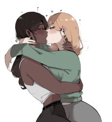 2girls absurdres bare_shoulders black_hair blonde_hair blush breast_press breasts couple dark-skinned_female dark_skin french_kiss highres interracial kiss kiss_focus large_breasts long_hair looking_at_another masoq multiple_girls original saliva very_dark_skin yuri