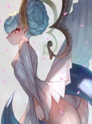 1girl aqua_hair ass braid braided_bun breasts choker commentary curled_horns double_bun dress fate/grand_order fate_(series) hair_bun highres horns larva_tiamat_(fate) larva_tiamat_(first_ascension)_(fate) long_hair long_horns long_sleeves looking_at_viewer looking_back m0_chi pink_eyes pointy_ears ribbed_dress small_breasts solo symbol-shaped_pupils tail thighhighs thighs tiamat_(fate) white_dress white_thighhighs