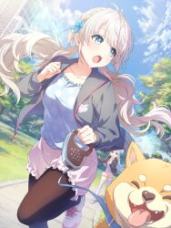Rule 34 | 2girls, absurdres, animal collar, aqua bow, aqua hair, artist request, black jacket, blonde hair, blue collar, blue eyes, blue shirt, blue sky, bow, braid, breasts, building, closed eyes, cloud, cloudy sky, collar, crown braid, dog, dutch angle, fang, frilled shirt, frilled shorts, frills, hair bow, hair bun, highres, hirose miina, holding, holding leash, jacket, leash, long hair, low twintails, multicolored shoes, multiple girls, natalya (shine post), official art, open mouth, outdoors, pantyhose, pink shoes, pink trim, polka dot, polka dot shirt, polka dot thighhighs, print jacket, road, running, shiba inu, shine post, shirt, shoes, shorts, sky, standing, standing on one leg, street, sweater, teeth, thighhighs, tongue, tongue out, tree, twintails, upper teeth only, very long hair, white shoes, white shorts, yellow eyes