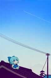 1girl azuma_meri blue_bow blue_dress blue_sky bow cirno commentary contrail dress fumo_(doll) gradient_sky hair_bow highres ice ice_wings mountainous_horizon on_roof outdoors sitting sky solo touhou utility_pole variant_set wings