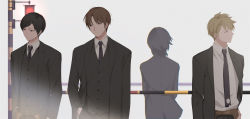1girl 3boys black_eyes black_hair black_jacket black_neckwear black_vest blonde_hair brown_hair closed_mouth collarbone collared_shirt facing_away floating_hair formal_clothes frown hand_in_pocket hand_on_own_hip hatohara_mirai holster inukai_sumiharu jacket lineup looking_away looking_to_the_side multiple_boys necktie ninomiya_masataka parted_bangs profile railroad_signal shirt short_hair sideways_glance simple_background smile suit swept_bangs traffic_light tsuji_shinnosuke upper_body vest white_shirt wind world_trigger yawai_tofu