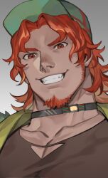 Rule 34 | 1boy, beard, black shirt, burgerberg q-taro, choker, collarbone, curtained hair, facial hair, green hat, grey background, grin, hat, kimi ga shine, looking at viewer, male focus, pectoral cleavage, pectorals, red eyes, red hair, shirt, short hair, smile, solo, thick neck, zoo (oukakumaku)