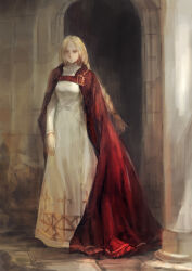 Rule 34 | 1girl, blonde hair, braid, breasts, brown eyes, dress, final fantasy, final fantasy tactics, full body, highres, interior, long hair, looking at viewer, medium breasts, midoriimo (9ne8n), ovelia atkascha, red robe, robe, solo, white dress