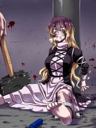 1girl abuse bad_feet barefoot beaten blood blood_from_mouth blood_splatter bound bound_ankles bound_wrists breasts bruise commentary_request cuffs dress gradient_hair hammer hijiri_byakuren injury kuon_yashiro large_breasts long_hair multicolored_hair restrained scared shackled shackles sledgehammer tears toes touhou