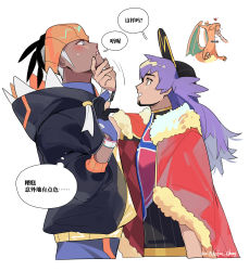 2boys absurdres artist_name baseball_cap black_hair black_hoodie blush cape charizard dark-skinned_male dark_skin dynamax_band facial_hair fur-trimmed_cape fur_trim gen_1_pokemon gloves gym_leader hat highres hood hood_down hoodie leon_(pokemon) long_hair looking_at_another male_focus multiple_boys nintendo orange_headwear pokemon pokemon_(creature) pokemon_swsh purple_hair raihan_(pokemon) red_cape shirt speech_bubble teeth thought_bubble translation_request watermark youchengyan