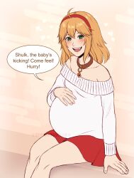 absurdres adricarra ahoge belly_rub blonde_hair blush choker fiora_(xenoblade) green_eyes headband highres misscherrylle open_mouth pregnant red_skirt sidelocks sitting skirt smile sweater white_sweater xenoblade_chronicles_(series) xenoblade_chronicles_1