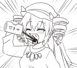 1girl can closed_eyes dress drill_hair drinking emphasis_lines hair_ribbon happy hat jeno jewelry keffiyeh mob_cap monochrome oil open_mouth pendant ribbon short_hair solo touhou translated twin_drills yorigami_jo&#039;on