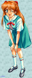 1990s_(style) 1girl ;d blue_eyes brown_hair full_body hair_ornament hands_on_own_knees leaning_forward long_hair looking_at_viewer marker_(medium) mary_janes neon_genesis_evangelion one_eye_closed open_mouth orange_hair retro_artstyle school_uniform shoes skirt smile souryuu_asuka_langley suspender_skirt suspenders tokyo-3_middle_school_uniform traditional_media vogue watch wristwatch