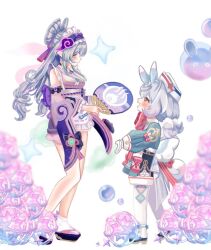 2girls :d apron bare_legs black_sandals blue_dress blue_hair detached_sleeves dress genshin_impact hairband hand_fan holding holding_fan intertwined_fate japanese_clothes kimono long_hair long_sleeves looking_at_another meari_(mearr_lii) multiple_girls open_mouth pantyhose paper_fan pink_kimono sandals short_kimono sigewinne_(genshin_impact) simple_background sleeveless sleeveless_kimono smile socks uchiwa very_long_hair white_apron white_background white_pantyhose white_socks yumemizuki_mizuki