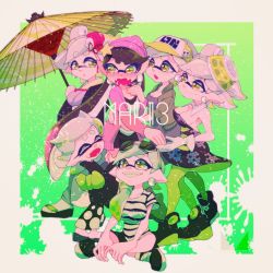 +_+ 6+girls aged_down alternate_hairstyle artist_logo baseball_cap beanie black_dress black_footwear black_hair black_shorts blush breasts brown_jacket callie_(agent_1_casual)_(splatoon) callie_(splatoon) character_name chichi_band cleavage clone closed_eyes collar commentary cousins detached_collar dress earrings eyewear_on_head fangs food food_on_head gloves gradient_hair green_background green_hair green_headwear green_legwear grey_hair grey_kimono grin hair_down hair_over_shoulder haori hat hat_ornament highres holding holding_umbrella hug indian_style inkling jacket japanese_clothes jewelry kimono leg_grab logo long_hair long_sleeves looking_at_another marie_(agent_2_casual)_(splatoon) marie_(kimono)_(splatoon) marie_(splatoon) marie_(squid_sisters_outfit)_(splatoon) marie_(young)_(splatoon) medium_breasts mole mole_under_eye multicolored_hair multiple_girls nintendo object_on_head oil-paper_umbrella open_mouth paint_splatter pantyhose parted_lips pink_jacket pointy_ears ponytail purple_hair purple_headwear sandals sharp_teeth shirt shoes short_dress short_hair short_shorts short_sleeves shorts sitting smile sneakers splatoon_(series) splatoon_1 splatoon_2 standing star_(symbol) star_hat_ornament strapless strapless_dress striped_clothes striped_shirt sunglasses sunglasses_on_head sushi tabi teeth tentacle_hair umbrella very_long_hair white_collar white_gloves white_legwear white_shirt wing_collar yellow_eyes
