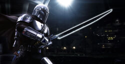 1boy absurdres armor darksaber din_djarin helmet highres holding holding_sword holding_weapon joshua_williams mandalorian mandalorian_armor mandalorian_helmet realistic solo star_wars sword the_mandalorian weapon