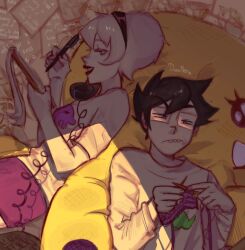 1girl black_lips buck_teeth confused duonora goth_fashion homestuck john_egbert knitting knitting_needle needle non-web_source notepad phone rose_lalonde teeth writing