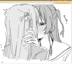 Rule 34 | 2girls, art program in frame, blush, bocchi the rock!, commentary request, cube hair ornament, ear blush, gotoh hitori, greyscale, hair ornament, hand on another&#039;s neck, kita ikuyo, long hair, monochrome, multiple girls, natari (r161koevytjqxo), one side up, sailor collar, yuri