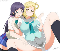2girls absurdres alterrealzero black_socks blonde_hair blue_skirt bow bowtie breasts grabbing_another&#039;s_breast green_bow green_bowtie green_eyes green_neckerchief green_vest grey_sailor_collar grey_skirt groping hair_rings highres large_breasts love_live! love_live!_school_idol_project love_live!_sunshine!! medium_hair multiple_girls neckerchief ohara_mari panties plaid_bow plaid_bowtie plaid_clothes plaid_skirt pleated_skirt purple_hair sailor_collar shirt short_sleeves simple_background skirt socks spread_legs sweater_vest tojo_nozomi underwear vest white_background white_panties white_shirt yellow_eyes yellow_sweater_vest yuri