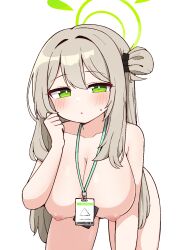 1girl bent_over blue_archive blush breasts bright_pupils cleavage green_eyes green_halo grey_hair hair_bun halo hand_up highres id_card large_breasts long_hair looking_at_viewer nipples nonomi_(blue_archive) nude parted_lips simple_background single_side_bun solo tagyeokgam white_background white_pupils