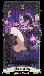 1girl absurdres ass black_choker black_coat black_dress black_hair black_nails black_thighhighs breasts card_(medium) castyx choker cleavage closed_mouth coat dress fur-trimmed_coat fur_trim highres holding holding_lantern holding_quill hololive hololive_english hood hooded_coat jewelry lantern large_breasts long_hair looking_at_viewer multicolored_hair panties purple_panties quill ribbon ring shiori_novella shiori_novella_(1st_costume) single_thighhigh solo spiked_boots split-color_hair striped_clothes striped_thighhighs tarot tarot_(medium) the_hermit_(tarot) thighhighs two-tone_hair underwear virtual_youtuber white_hair white_ribbon yellow_eyes yorick_(shiori_novella)