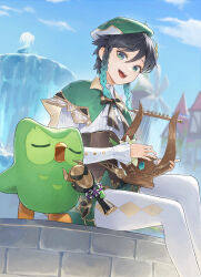 1boy baggy_shorts beak beret bird black_bow black_bowtie black_hair blue_gemstone blue_hair blue_sky blurry blurry_background bow bowtie braid brown_corset buttons cape closed_eyes cloud cloudy_sky collared_shirt commentary corset cotta_(heleif) crossover day duo_(duolingo) duolingo english_commentary feathered_wings feet_out_of_frame flower fountain gem genshin_impact gradient_hair green_cape green_eyes green_hat green_shorts hair_between_eyes hair_flower hair_ornament hands_up hat highres holding holding_instrument holding_lyre holding_microphone house instrument long_sleeves looking_at_another lyre microphone multicolored_hair music open_mouth outdoors owl pantyhose playing_instrument shirt short_hair shorts singing sitting sky smile sparkle_print standing striped_bow striped_bowtie striped_clothes teeth tongue twin_braids two-sided_cape two-sided_fabric venti_(genshin_impact) wheel white_pantyhose white_shirt wings yellow_cape yellow_flower