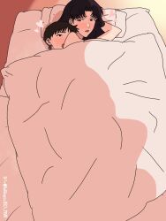 1boy 1girl bed blush completely_nude foreshortening hetero highres hug hukkqcuieoij7vr ikari_shinji implied_sex indoors katsuragi_misato legs_together looking_at_another looking_at_viewer looking_back lying neon_genesis_evangelion nude on_bed on_side outdoors parted_lips purple_hair sex thick_thighs thighs under_covers wide_hips