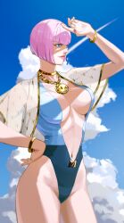1girl blue_eyes bob_cut bracelet breasts center_opening gold_bracelet gold_necklace hand_over_face highleg highleg_one-piece_swimsuit highres jewelry large_breasts looking_to_the_side manon_legrand medallion namamo_(squidrilling) neck_ring necklace official_alternate_costume official_alternate_hairstyle one-piece_swimsuit pink_hair solo street_fighter street_fighter_6 sunlight swimsuit