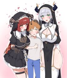 1boy 2girls black_dress blush breast_curtains breasts cleavage cleavage_cutout clothing_cutout covered_navel dress fried_bocky garter_straps gloves green_eyes grey_hair heart_cutout heterochromia highres hololive horn_ornament horn_ribbon horns houshou_marine houshou_marine_(ahoy!!_you&#039;re_all_pirates) large_breasts long_hair long_sleeves looking_at_viewer multiple_girls nun official_alternate_costume official_alternate_hairstyle open_mouth orange_eyes orange_hair pelvic_curtain red_eyes red_hair ribbon shirogane_noel shirogane_noel_(battle_nun) short_hair skirt spiked_hair thighhighs virtual_youtuber white_thighhighs yellow_eyes you_gonna_get_raped