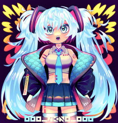Rule 34 | 1girl, 39, absurdres, aqua eyes, aqua hair, aqua necktie, arm tattoo, barcode, barcode tattoo, black jacket, black skirt, boots, breasts, commentary request, cropped shirt, grey shirt, hair between eyes, hatsune miku, highres, jacket, neck tattoo, necktie, neko 7567, number tattoo, open clothes, open jacket, open mouth, pleated skirt, shirt, skirt, sleeveless, sleeveless shirt, solo, tattoo, teeth, thigh boots, tie clip, tongue, twintails, twitter username, vocaloid