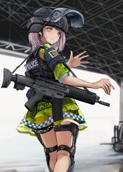1girl absurdres assault_rifle black_helmet blurry blurry_background brown_eyes brown_hair closed_mouth clothes_writing commentary_request depth_of_field english_text forklift green_jacket gun gun_sling hangar helmet highres indoors jacket lithographica looking_at_viewer looking_to_the_side muzzle_device original police police_uniform policewoman puffy_short_sleeves puffy_sleeves rail_(weapon) rifle short_sleeves shorts smile solo sweat telescoping_stock visor_(armor) weapon weapon_request yellow_shorts
