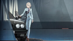 1girl absurdres alva_(girls&#039;_frontline_2) an-94 an-94_(antje)_(girls&#039;_frontline) an-94_(girls&#039;_frontline) artist_request assault_rifle belt blonde_hair blue_pants bmw bmw_5_series bmw_e34 brown_shoes car copyright_notice formal_clothes girls&#039;_frontline girls&#039;_frontline_2:_exilium glasses gun highres long_hair motor_vehicle necktie official_art official_wallpaper pants pen rifle second-party_source shirt shoes suit weapon white_shirt