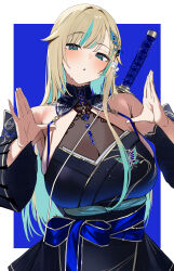 1girl :o absurdres aizawa_ema blonde_hair blue_background blue_eyes blue_hair breasts cleavage colored_inner_hair detached_collar hair_intakes hair_ornament highres large_breasts long_hair long_sleeves multicolored_hair official_alternate_costume raised_eyebrow sheath sheathed shiro_marimo strap_pull sweatdrop swept_bangs sword sword_on_back virtual_youtuber vspo! waist_ribbon weapon weapon_on_back