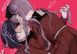 brother_and_sister girl_on_top hetero highres incest matching_hair/eyes matching_outfits noa_1042 open_mouth pink_background pink_eyes pink_hair pleated_skirt purple_hair siblings simple_background skirt the_hundred_line_-last_defense_academy- tsukumo_ima tsukumo_kako twincest twins