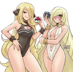 2girls blonde_hair breasts cynthia_(pokemon) green_eyes holding holding_poke_ball looking_at_viewer lusamine_(pokemon) master_ball multiple_girls nintendo one-piece_swimsuit poke_ball pokemon pokemon_dppt pokemon_sm smile swimsuit wanderjegson white_background