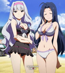 Rule 34 | 2girls, bikini, blue hair, breasts, cleavage, crossed arms, closed eyes, hairband, idolmaster, idolmaster (classic), long hair, miura azusa, multiple girls, one-piece swimsuit, purple eyes, shijou takane, stitched, swimsuit, third-party edit, white hair