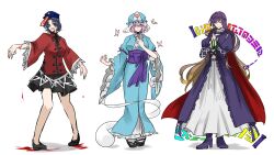 Rule 34 | 3girls, beads, black sandals, black shoes, black skirt, blood, blood on hands, blue eyes, blue hair, blue hat, blue kimono, boots, breasts, brown hair, bug, butterfly, chinese clothes, closed mouth, commentary request, dress, frilled kimono, frills, full body, ghost, gradient hair, hat, hat ornament, highres, hijiri byakuren, insect, japanese clothes, jiangshi, kimono, lace-trimmed sleeves, lace trim, layered dress, long dress, long hair, looking at viewer, medium breasts, miyako yoshika, mob cap, multicolored hair, multiple girls, nap muntarou, newsboy cap, obi, ofuda, open mouth, pink butterfly, prayer beads, purple boots, purple dress, purple hair, purple sash, red shirt, saigyouji yuyuko, sandals, sash, shirt, shoes, short hair, simple background, skirt, smile, sorcerer&#039;s sutra scroll, star (symbol), star hat ornament, tangzhuang, touhou, triangular headpiece, white background, white dress, wide sleeves, yellow eyes